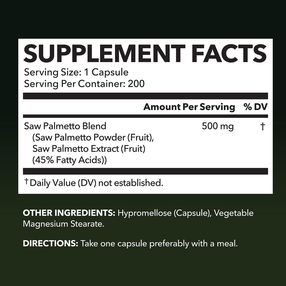 HAVASU NUTRITION Saw Palmetto bottle label highlighting vegan, non-GMO capsules