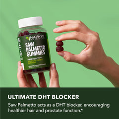 HAVASU Saw Palmetto Gummies ingredients panel highlighting vegan non-GMO formula.