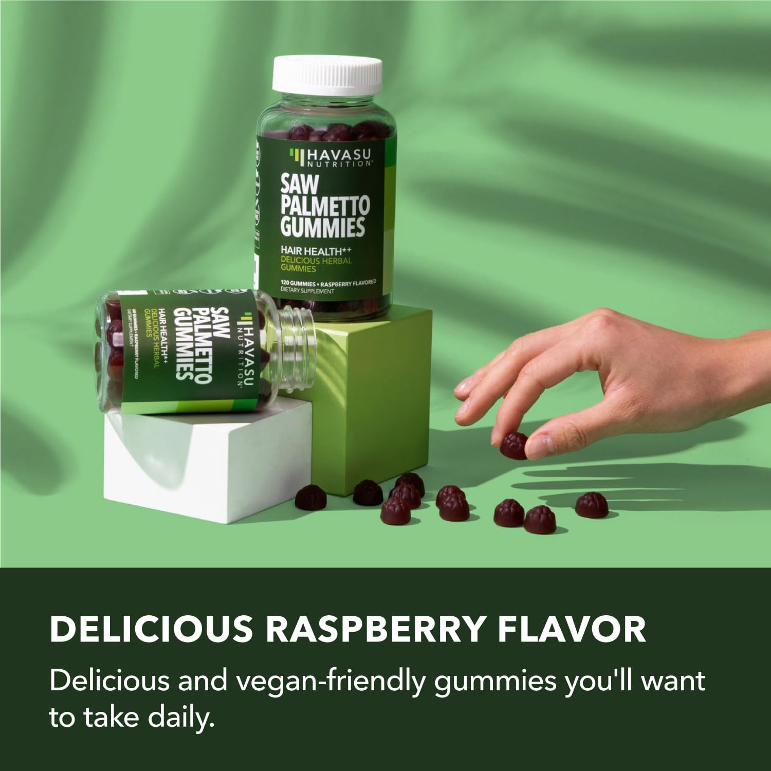 HAVASU Saw Palmetto Gummies vegan non-GMO label close-up.