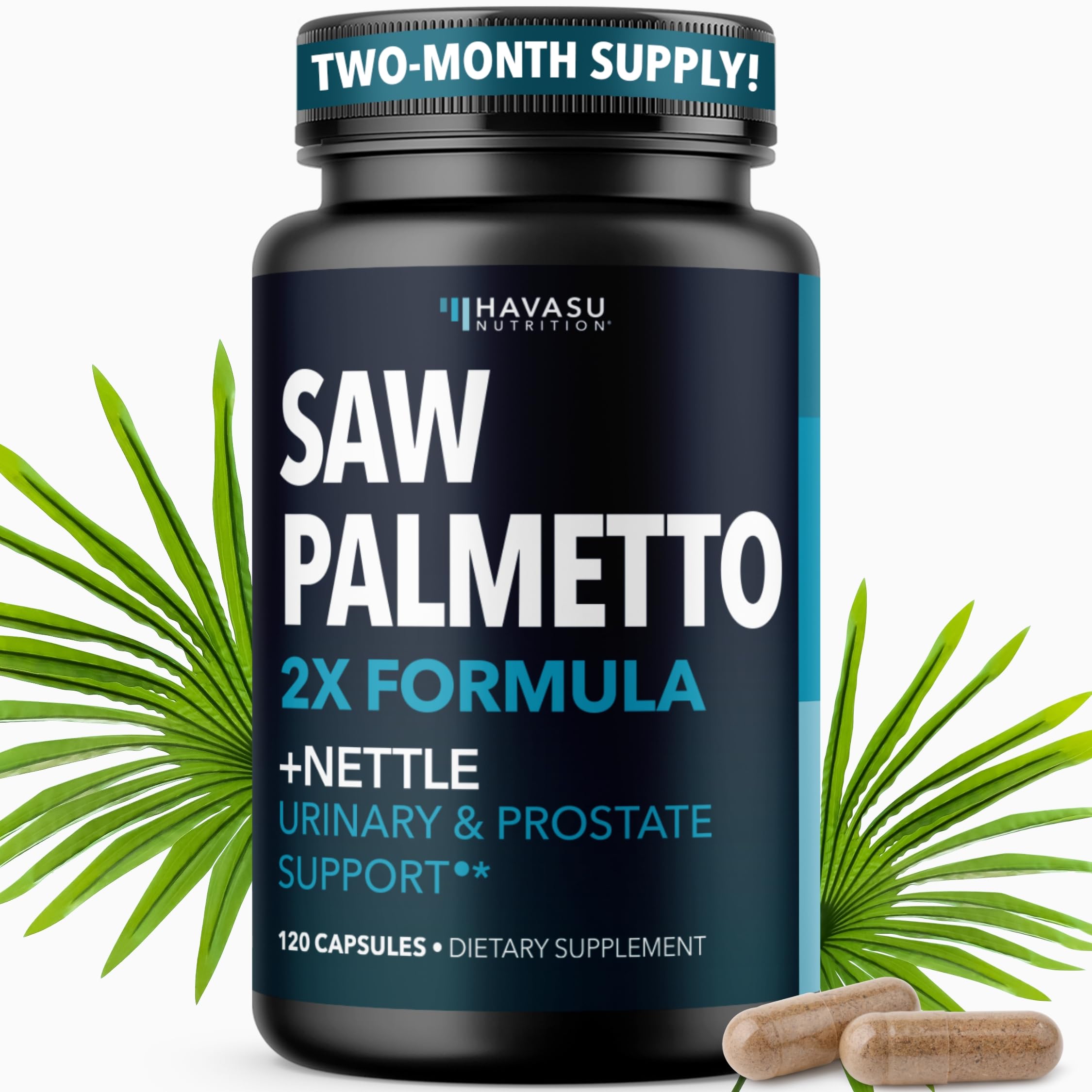 Havasu Nutrition Saw Palmetto with Stinging Nettle capsules bottle front for daily urinary support