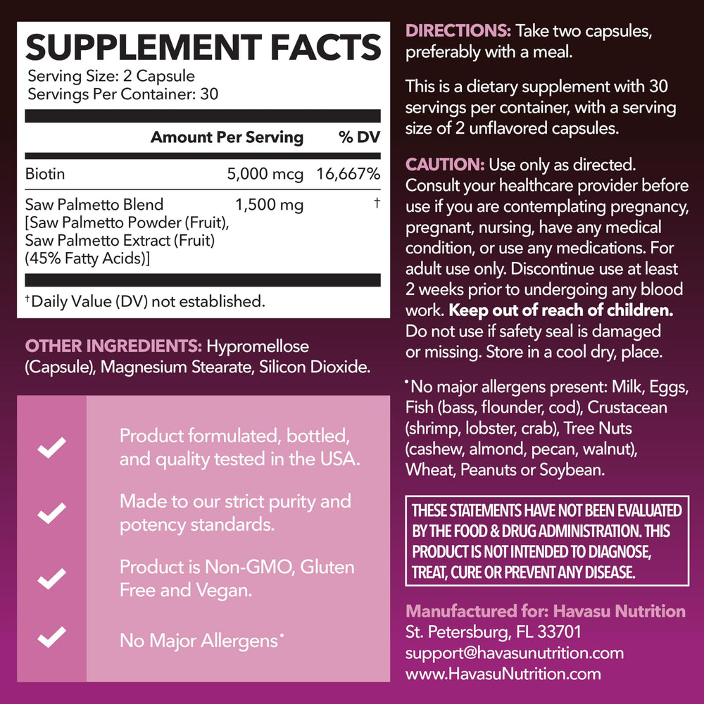 HAVASU NUTRITION Saw Palmetto Women capsules closeup for hair support.