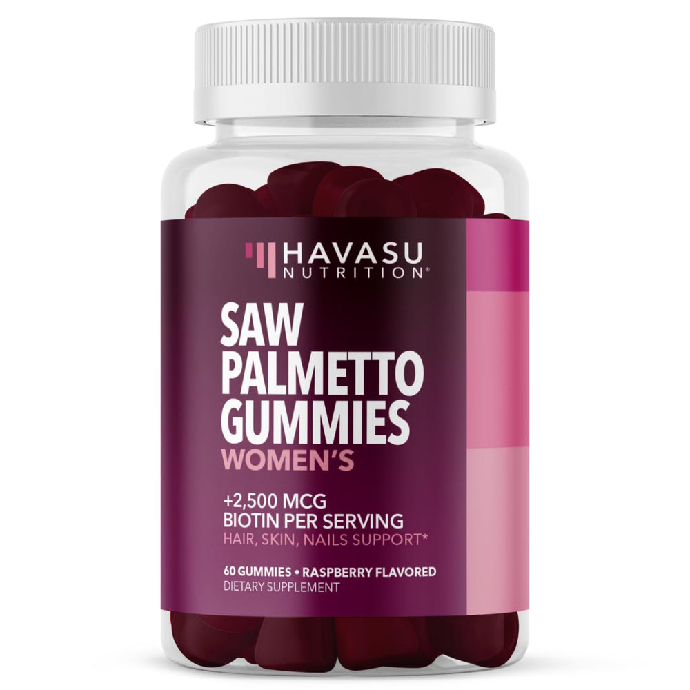 HAVASU NUTRITION Saw Palmetto gummies bottle displaying raspberry flavor for daily hair support.