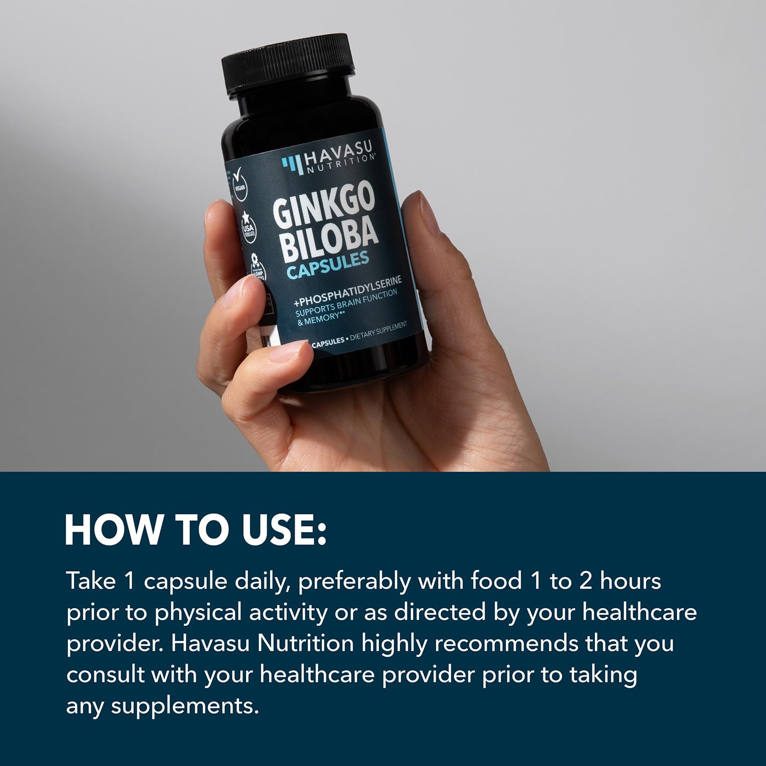 Havasu Nutrition bottle label detail emphasizes non-GMO and two-month supply.