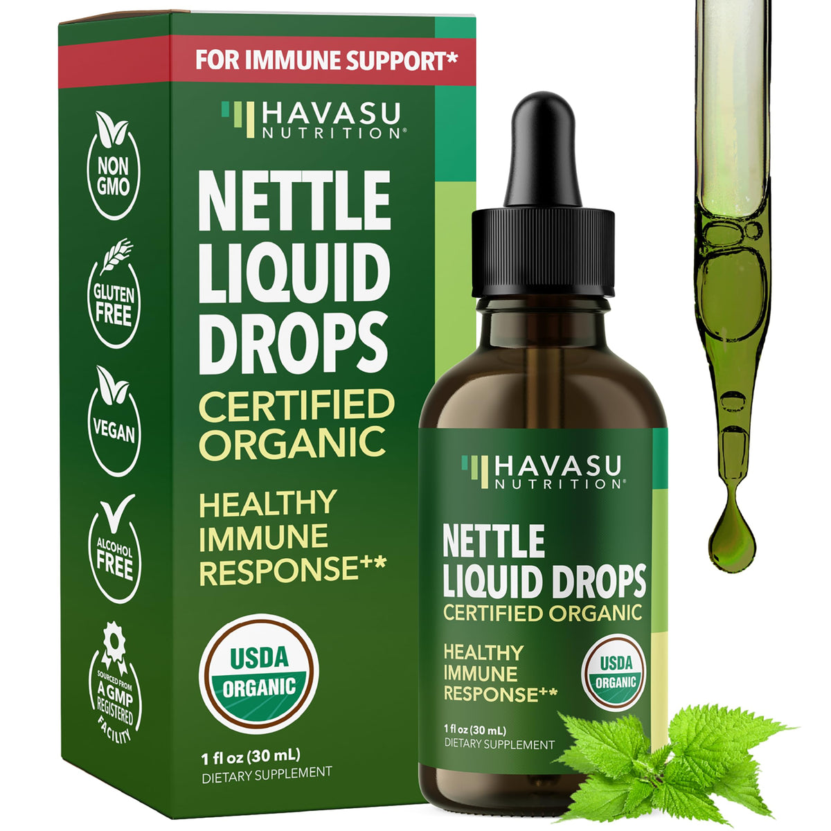 HAVASU NUTRITION stinging nettle extract bottle for easy 0.5 mL dosing.