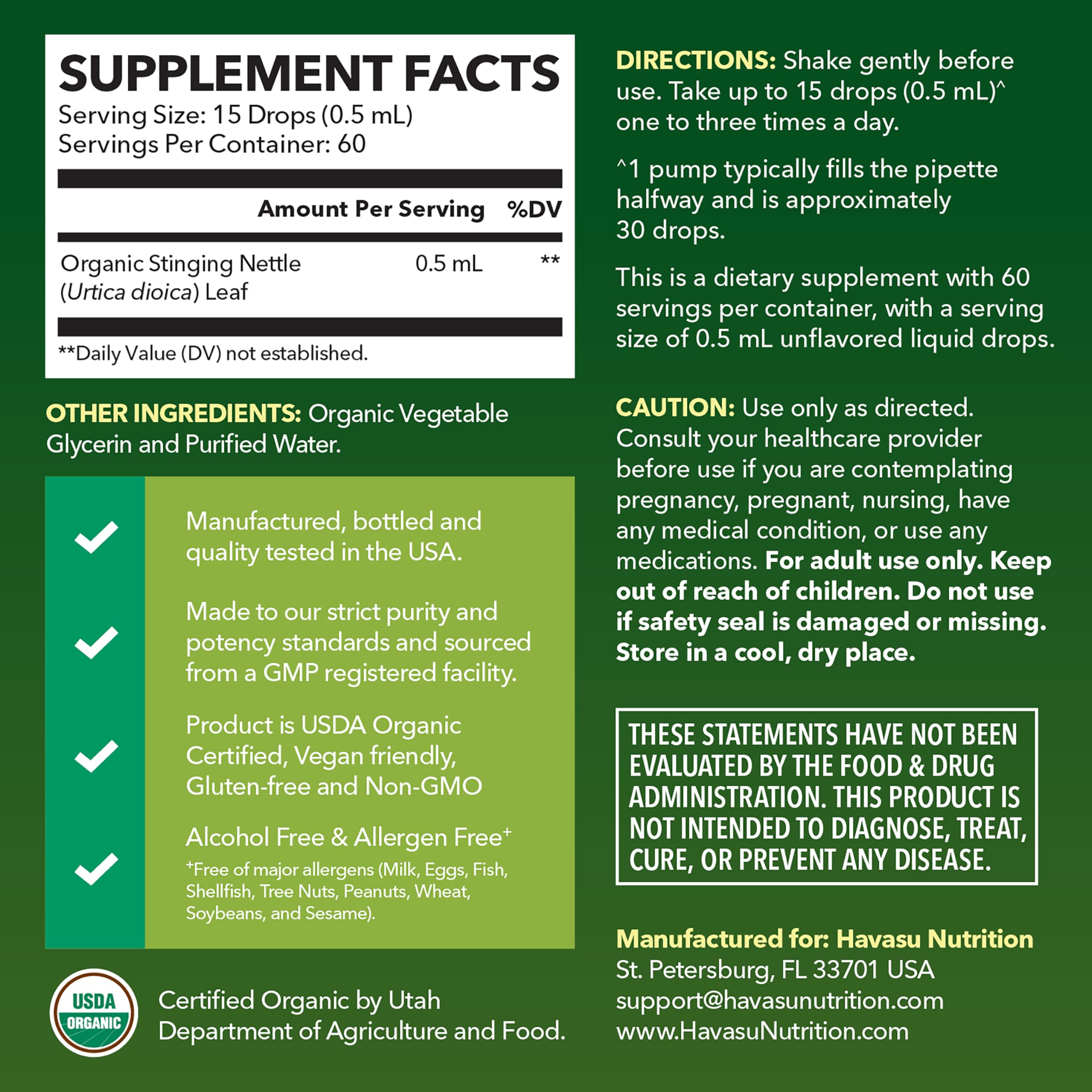 HAVASU NUTRITION nettle leaf extract dropper for precise liquid dosing.