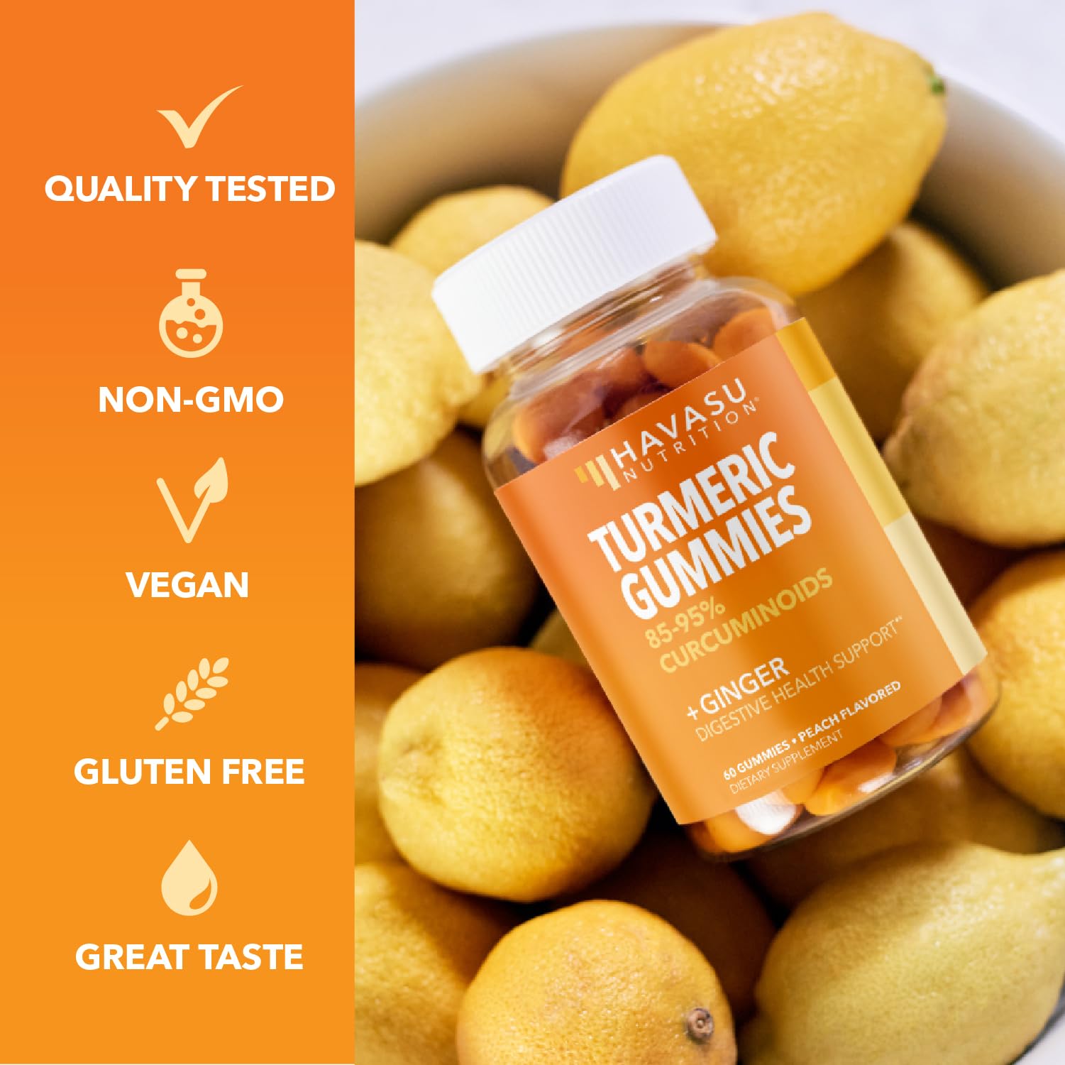 Havasu Nutrition close-up shows glossy gummies and peach flavor cue.