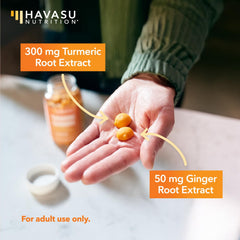 Havasu Nutrition turmeric-ginger-peach gummies with ginger root visuals for flavor.