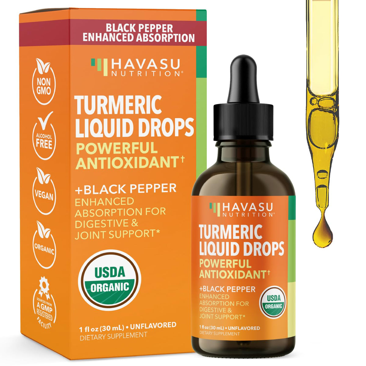 HAVASU NUTRITION turmeric liquid drops bottle with unflavored formula for daily support