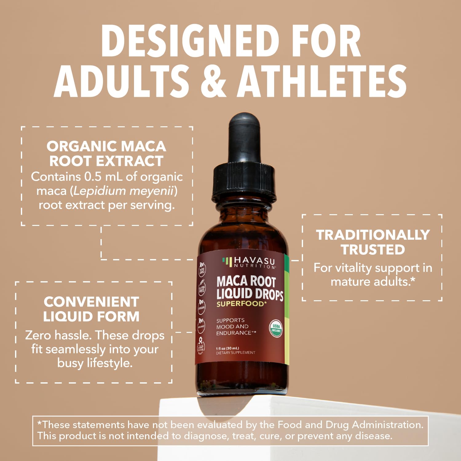HAVASU NUTRITION Vegan Non-GMO label on drops bottle.