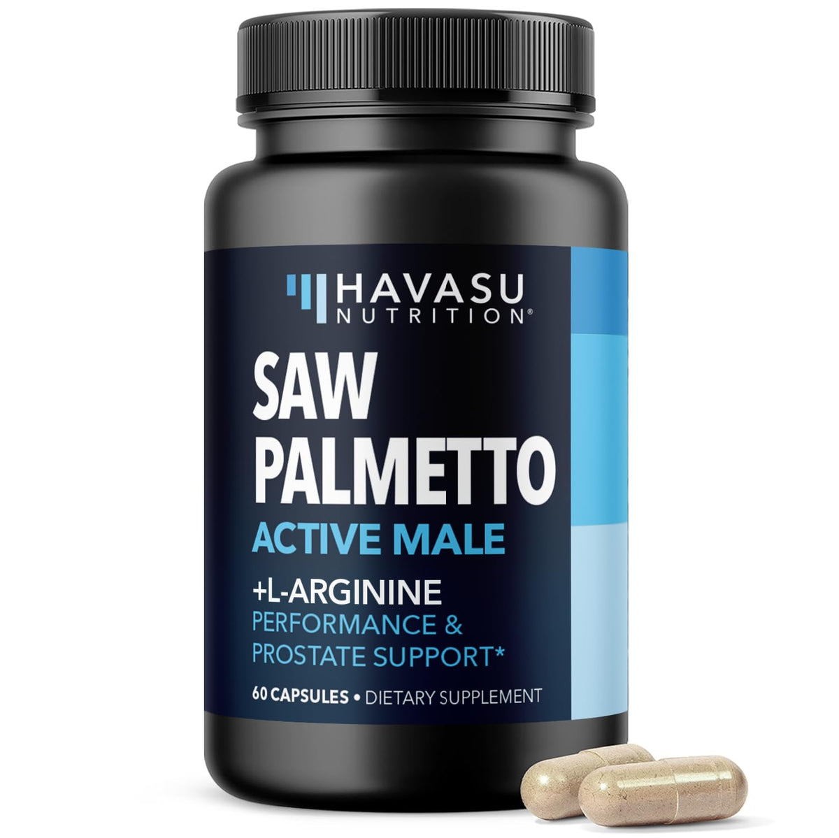 HAVASU NUTRITION Saw Palmetto 500mg bottle close-up for prostate health support.
