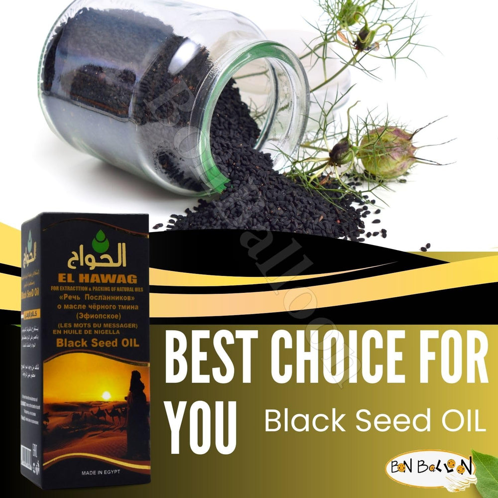 Hawag Elhawag black seed oil pour demonstrates easy drizzle over dishes.