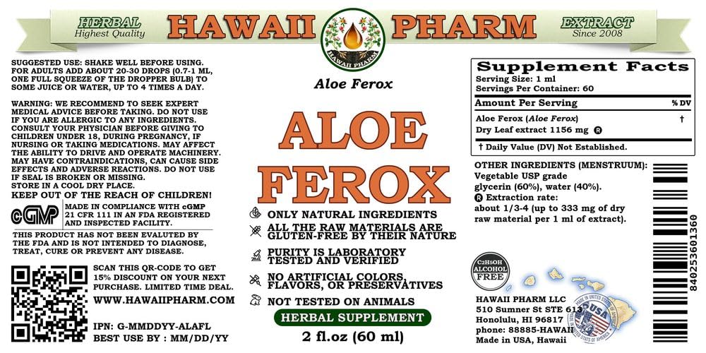 Hawaii Pharm Aloe Ferox glycerite label close-up shows natural ingredients for daily use