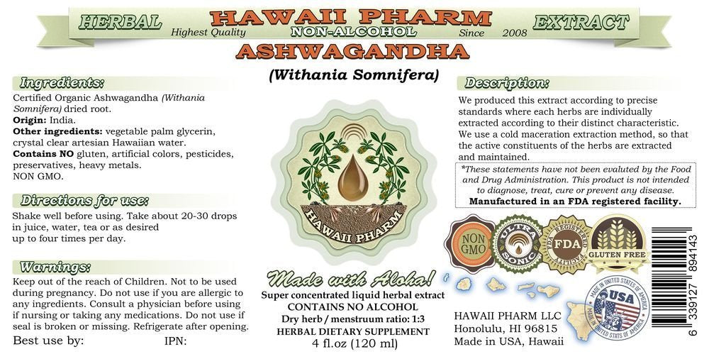 Hawaii Pharm Ashwagandha liquid extract bottle, concentrated glycerite for easy daily use.
