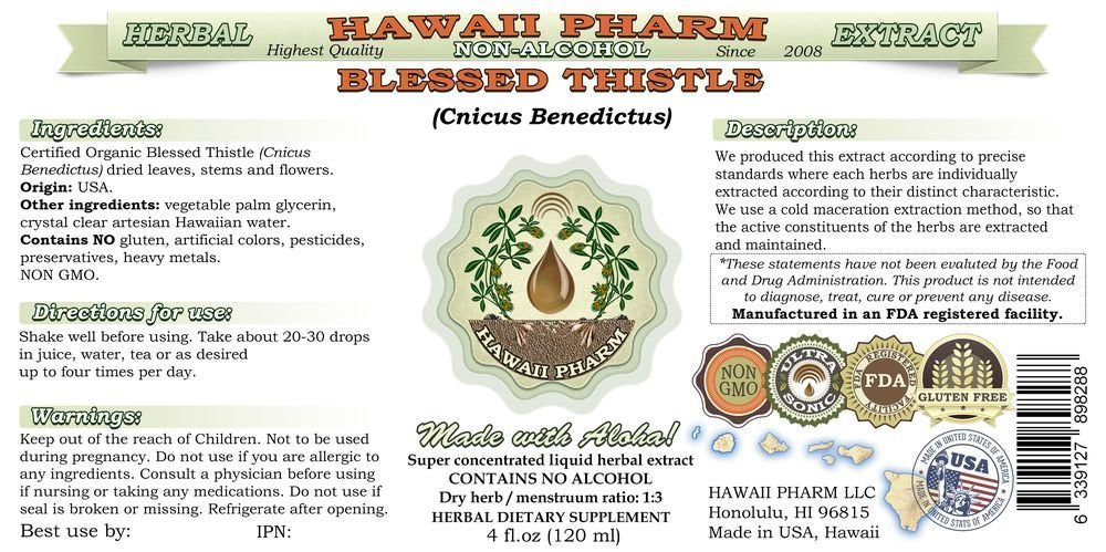 Hawaii Pharm Blessed Thistle label highlights organic ingredients and alcohol-free processing for clean sourcing.
