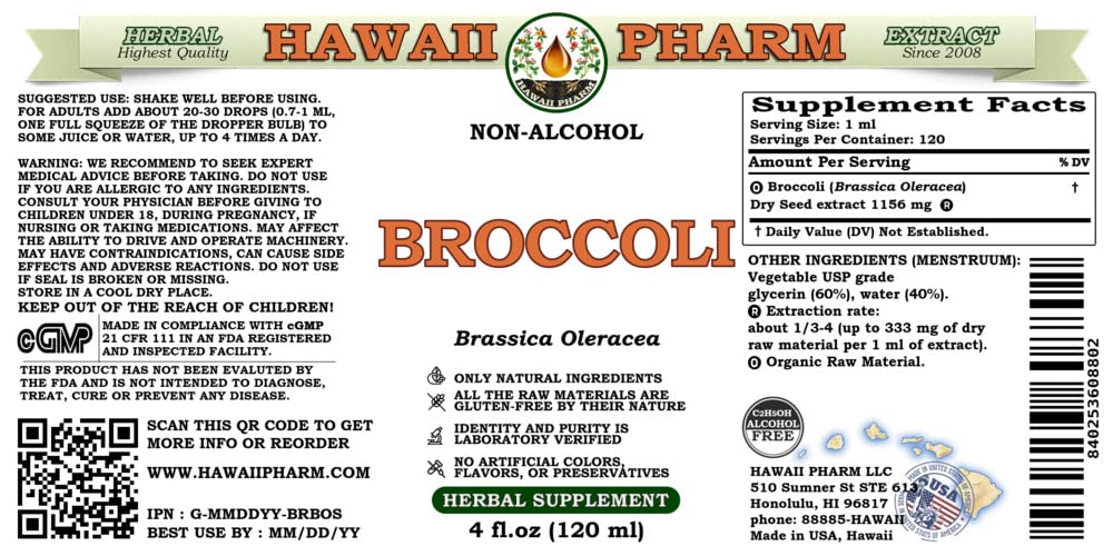 Hawaii Pharm broccoli seed glycerite bottle label indicating organic glycerite