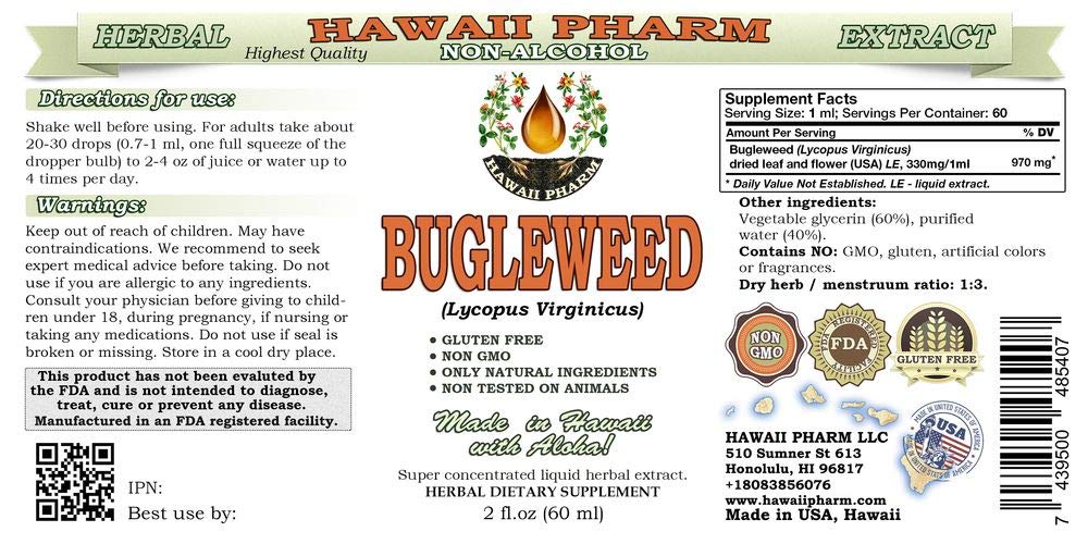 Hawaii Pharm Bugleweed bottle label showing organic dried leaf content for trusted herbal support.