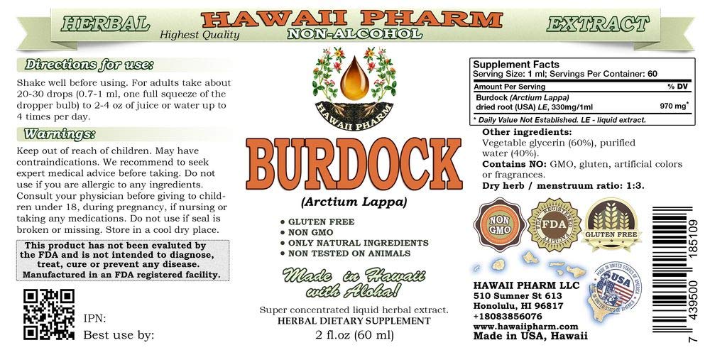 Hawaii Pharm Burdock label closeup highlights natural ingredients and alcohol-free formula.