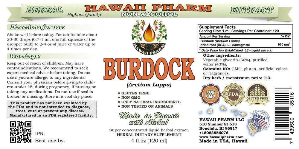 Hawaii Pharm organic burdock dried root glycerite visuals for herbal prep.
