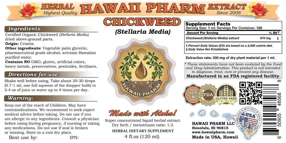 Hawaii Pharm Chickweed liquid extract dropper close-up highlights precise extraction.