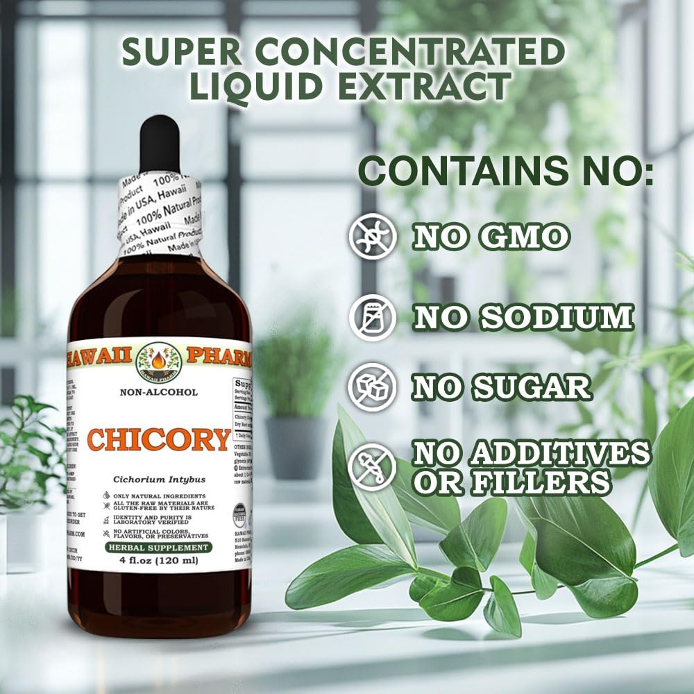 Alcohol-free claim on the Hawaii Pharm Chicory bottle emphasizes purity.