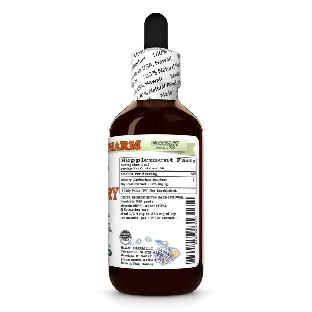 Hawaii Pharm Chicory dry root dropper releasing liquid into a glass for easy mixing.