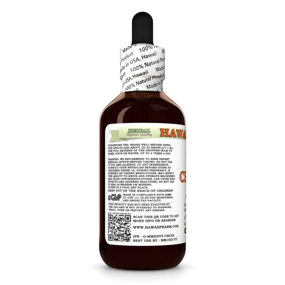 Close-up of the Hawaii Pharm Chicory dry root label highlights an all-natural glycerite.