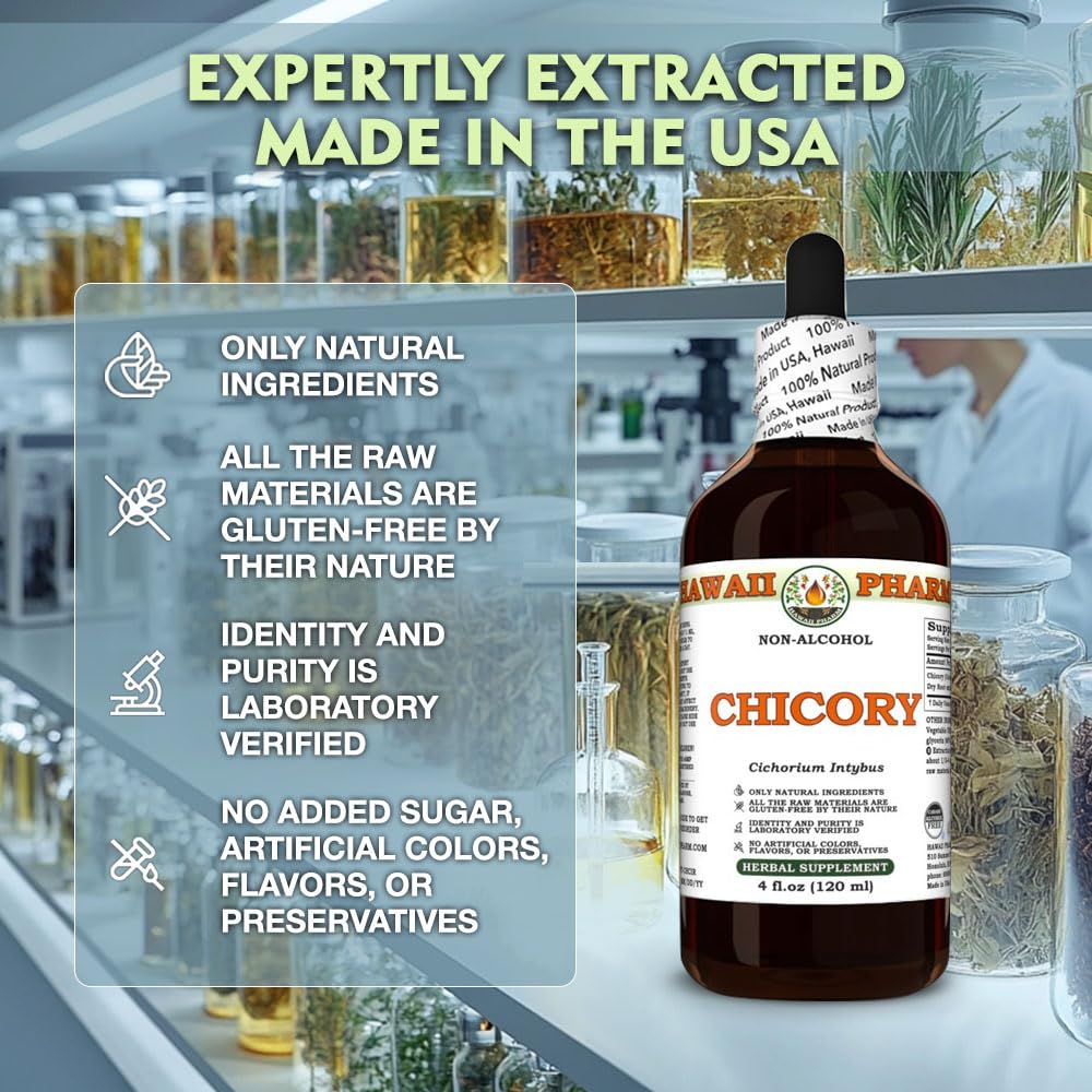 Pouring Hawaii Pharm Chicory liquid extract into water shows quick, convenient mixing.