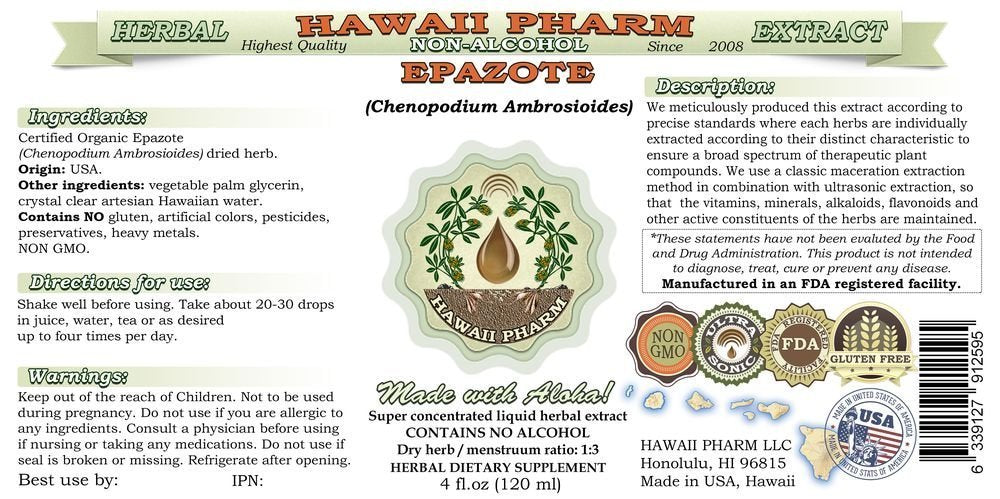 Hawaii Pharm Epazote liquid extract dropper enables easy dosing of glycerite.