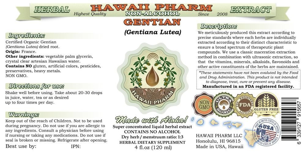 Hawaii Pharm Gentian root glycerite pour, ideal for tincture-style use and blends.