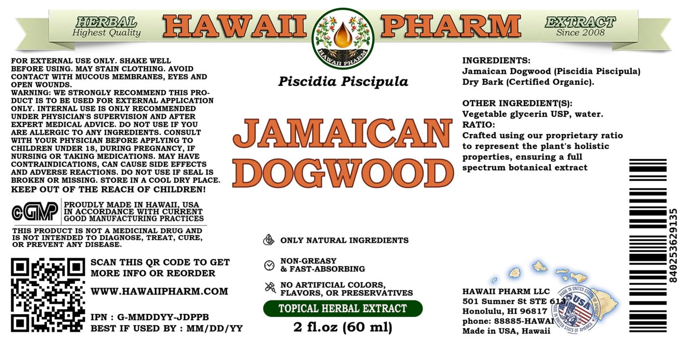 Hawaii Pharm Jamaican Dogwood bottle front label for easy recognition.