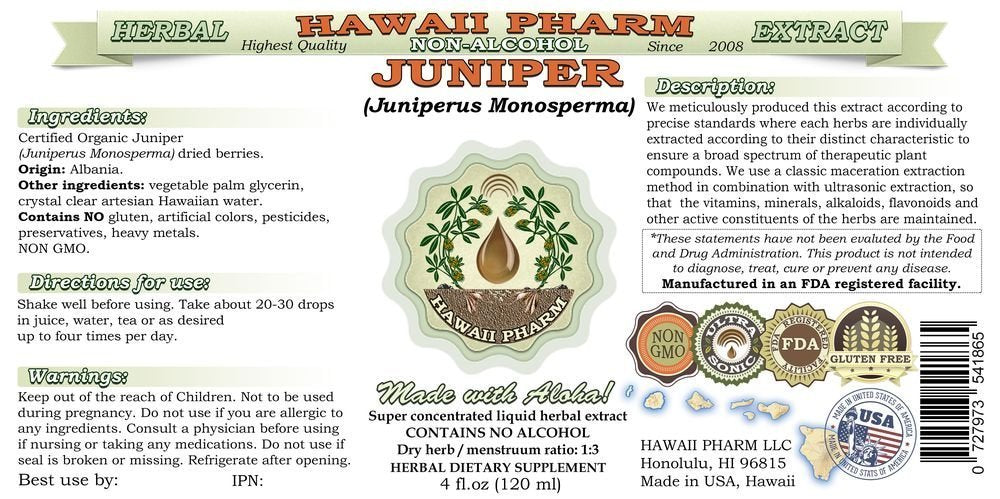 Hawaii Pharm juniper dried-berry glycerite shows natural ingredients for versatile tincture crafting