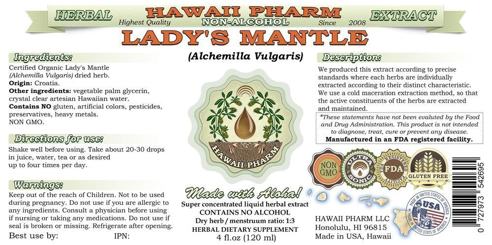 Hawaii Pharm Lady's Mantle liquid extract label showing organic glycerite ingredients
