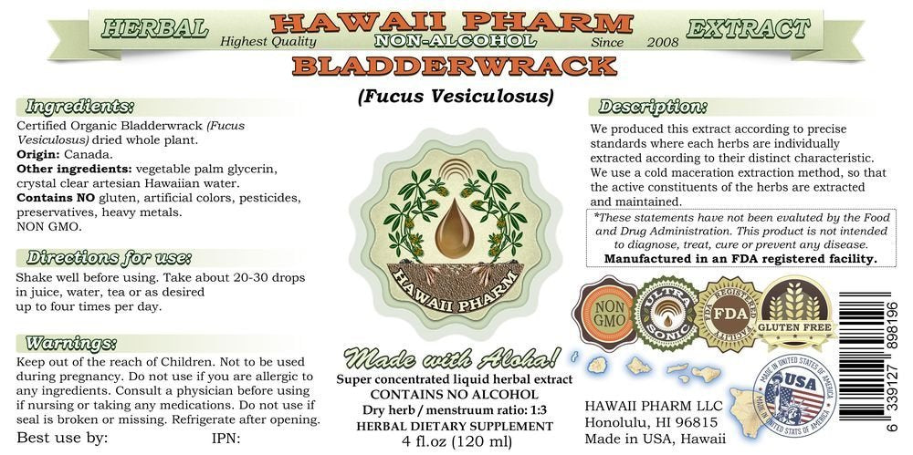 Hawaii Pharm liquid extract pour demonstrates convenient, alcohol-free bladderwrack glycerite.
