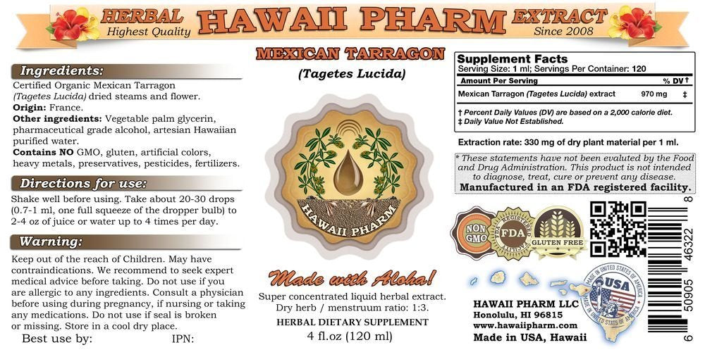 Hawaii Pharm Mexican Tarragon liquid extract with dropper enables precise, easy dosing.