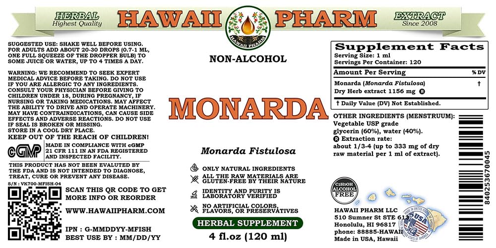 Hawaii Pharm Monarda Fistulosa liquid extract bottle for convenient glycerite use