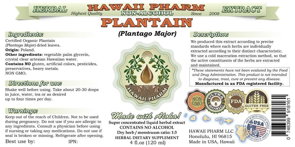 Hawaii Pharm organic Plantago Major leaves highlight premium sourcing.