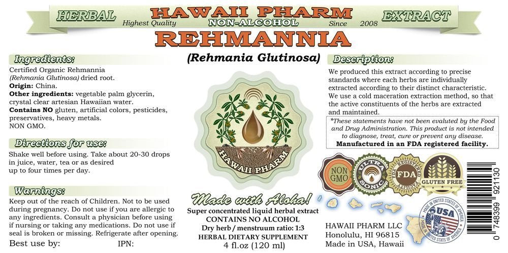 Hawaii Pharm Rehmannia liquid glycerite close-up emphasizing organic, solvent-free extraction.