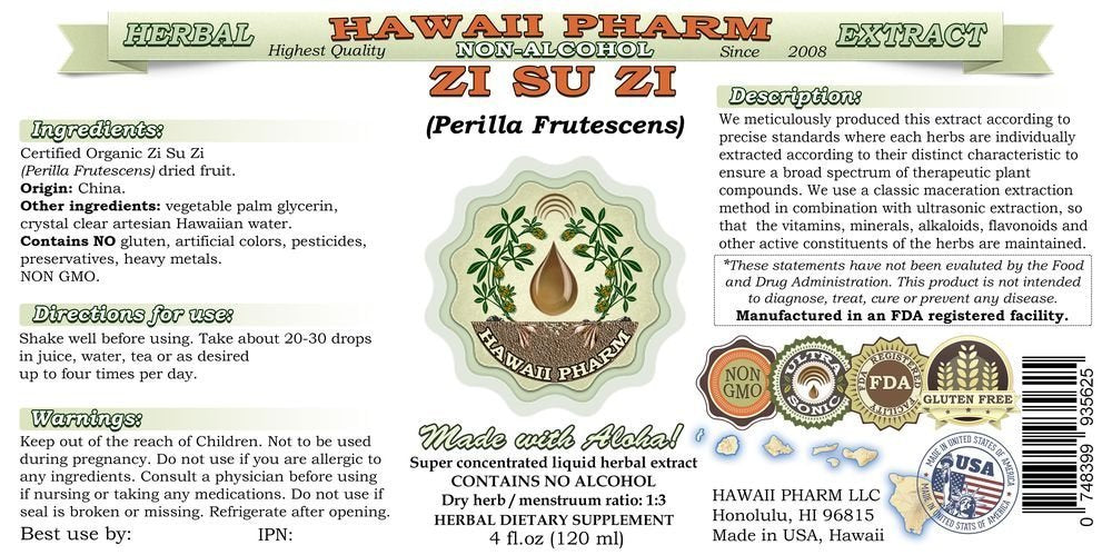 Hawaii Pharm Zi Su Zi label close-up shows organic sourcing and glycerin base.