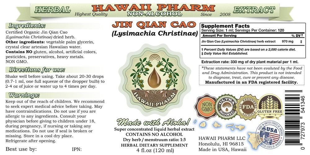 Close-up of HawaiiPharm Jin Qian Cao glycerite label highlighting gluten-free and non-GMO notes.