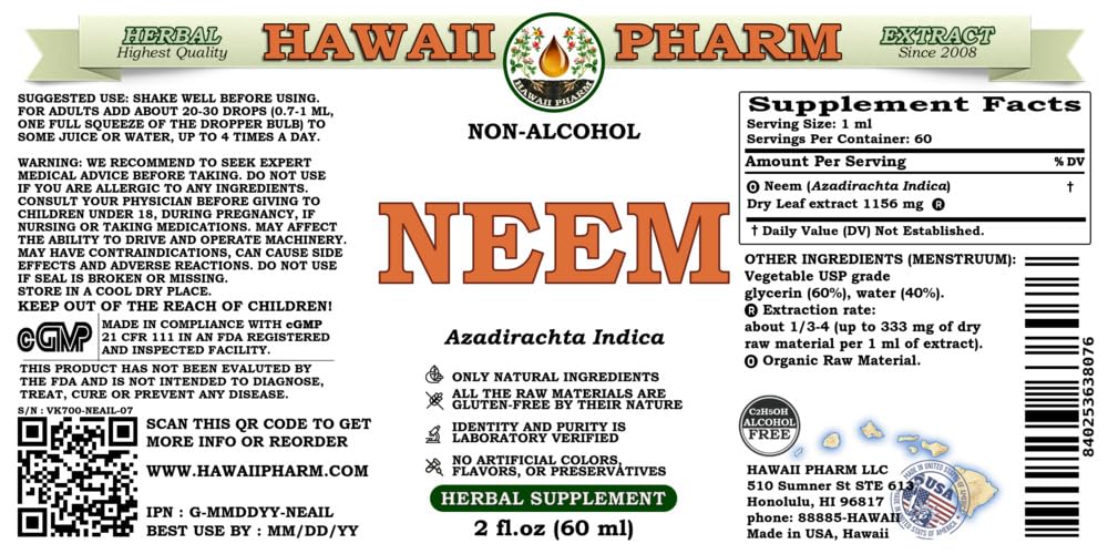 HawaiiPharm Neem Alcohol-Free Liquid Extract label highlights organic sourcing and clean ingredients.