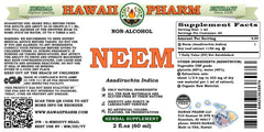 HawaiiPharm Neem Alcohol-Free Liquid Extract label highlights organic sourcing and clean ingredients.