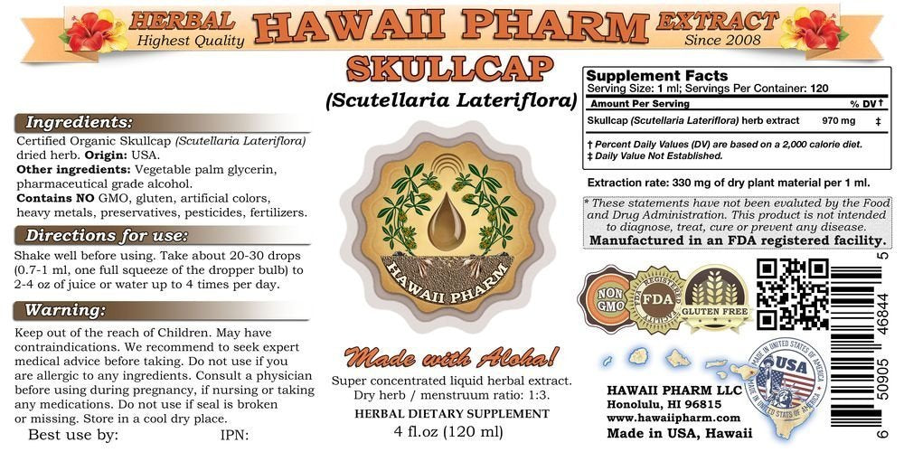 HawaiiPharm Skullcap liquid extract pour demonstrates precise dosing
