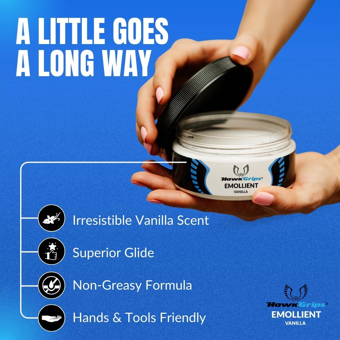 HawkGrips emollient cream vanilla closeup texture highlights balanced, skin-friendly formula.