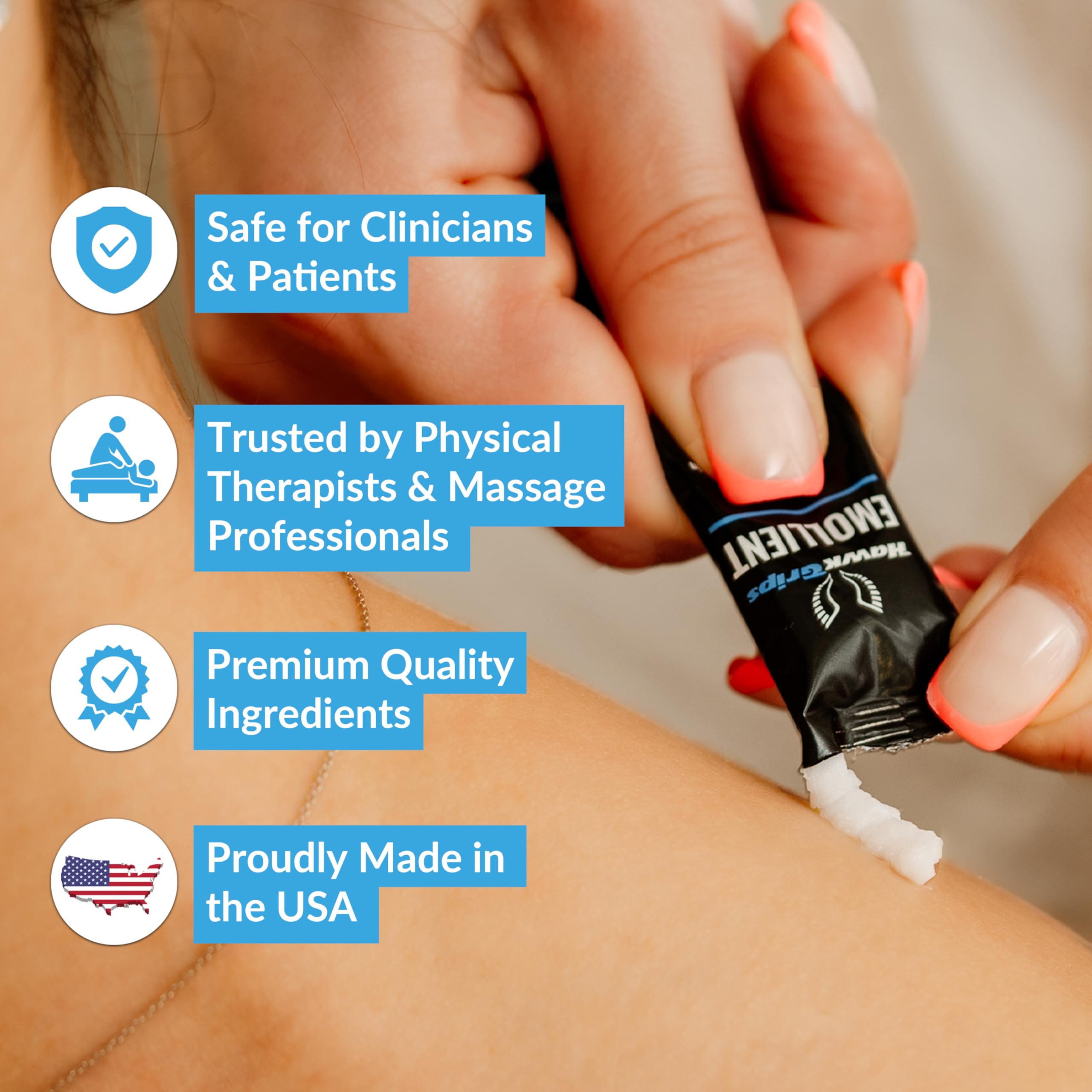 HawkGrips USA-made emollient provides clean, petroleum-free slip for therapists.