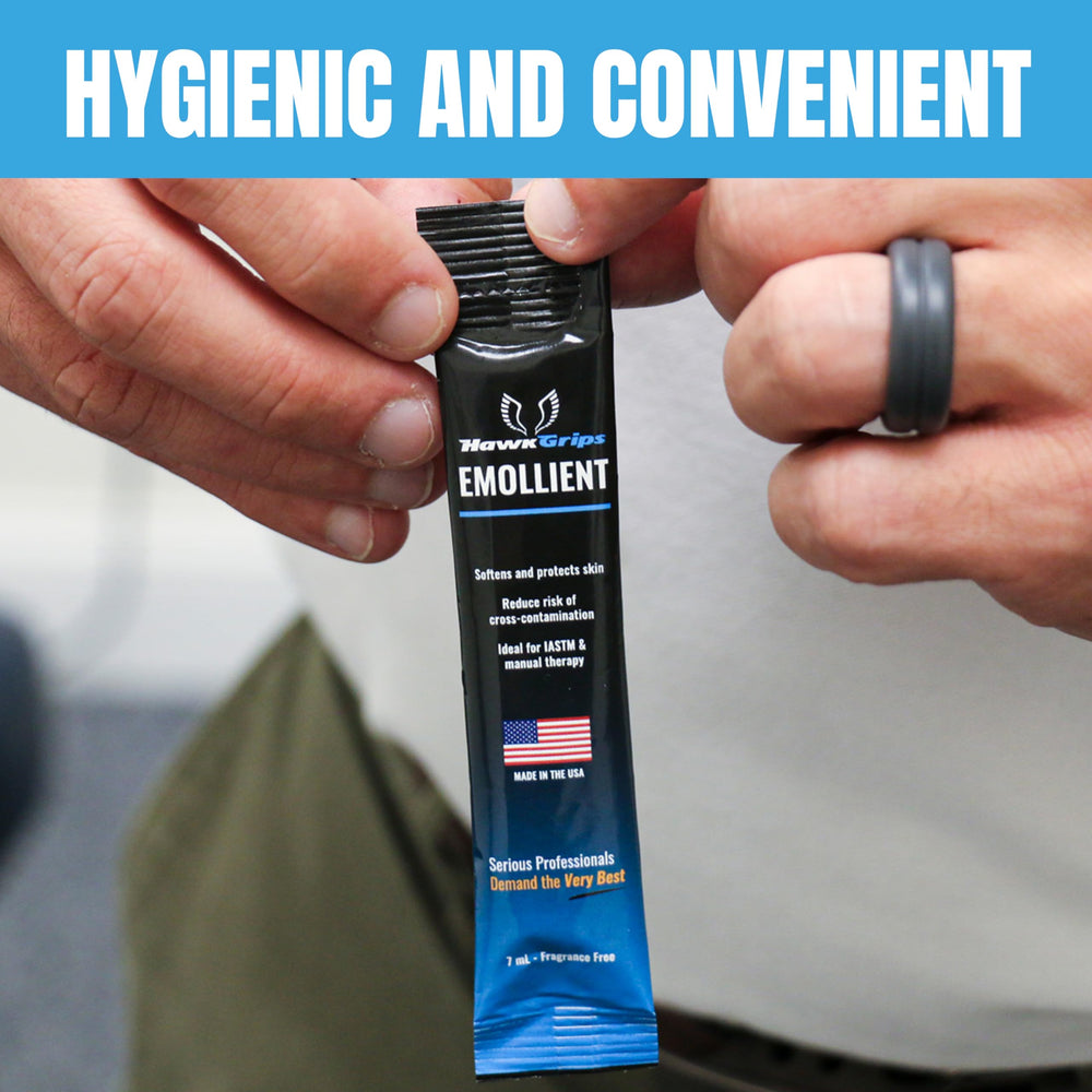 HawkGrips vanilla emollient with silky texture enhances IASTM tool use.