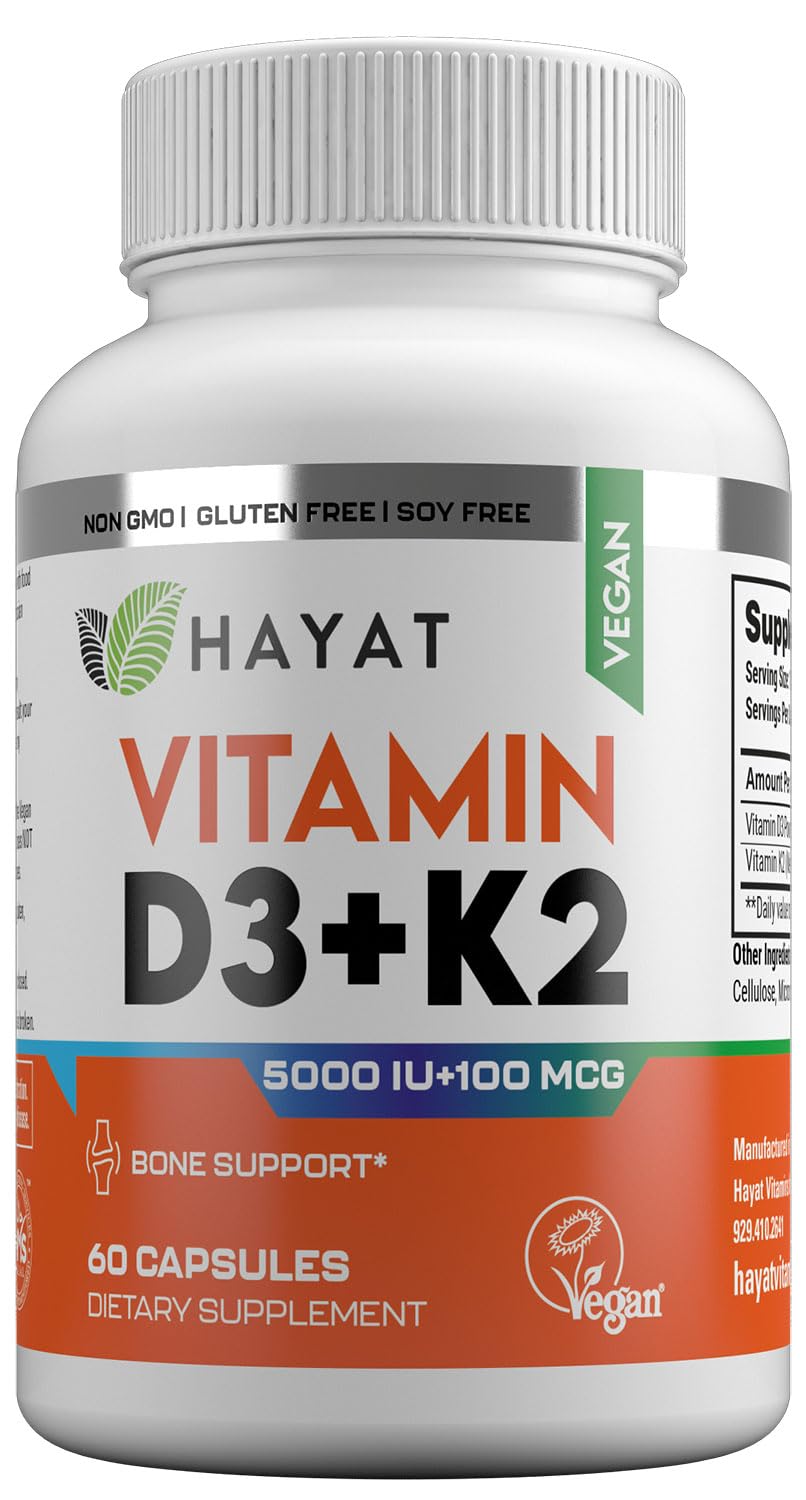 HAYAT Vegan D3+K2 bottle front view highlighting bone health and plant-based formula