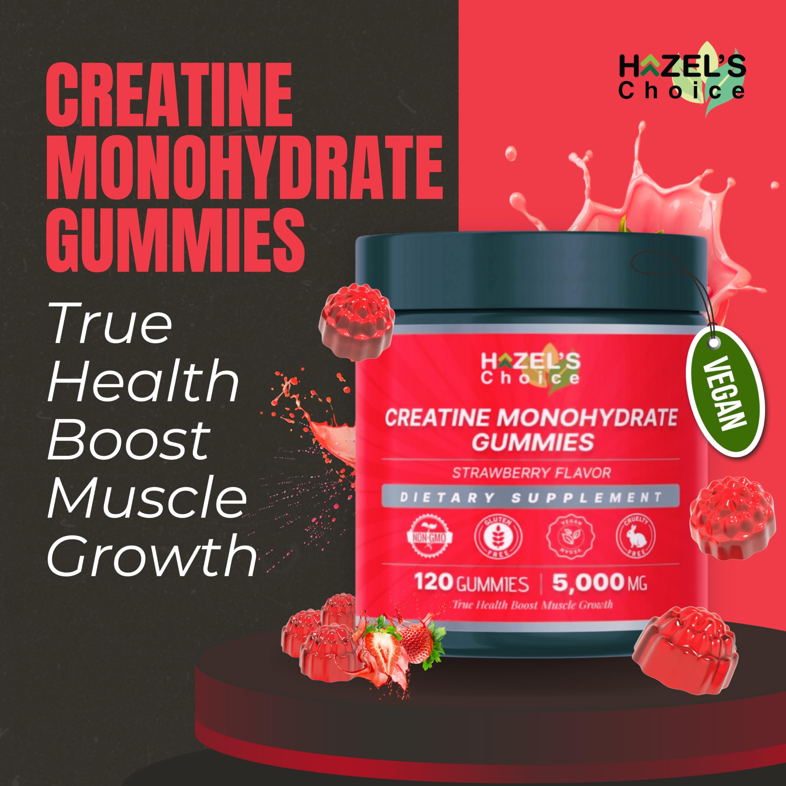 HAZEL'S Choice Creatine Gummies blue raspberry flavor bottle for on-the-go refreshment