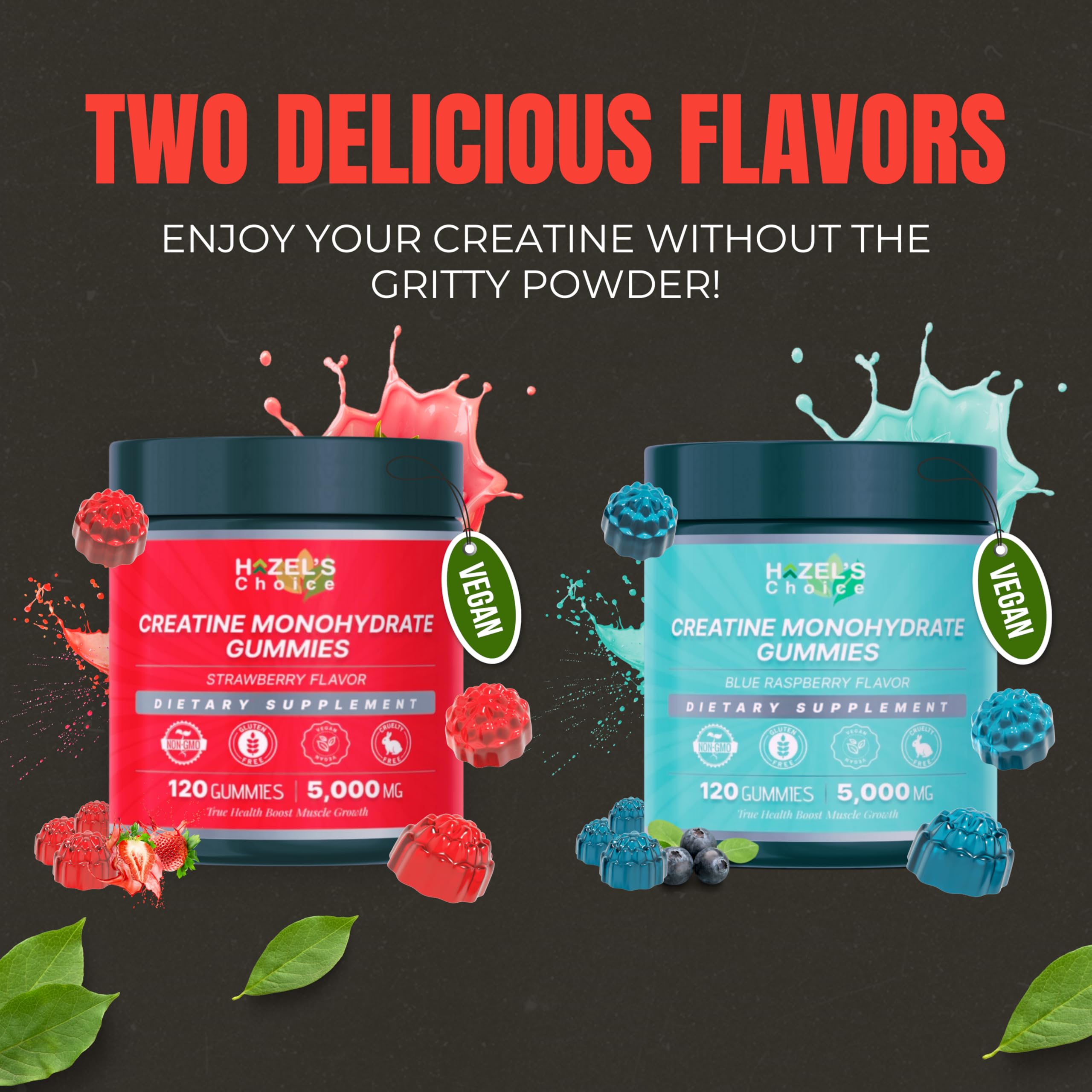 HAZEL'S Choice Creatine Gummies ingredients label highlighting vegan, gluten-free formula