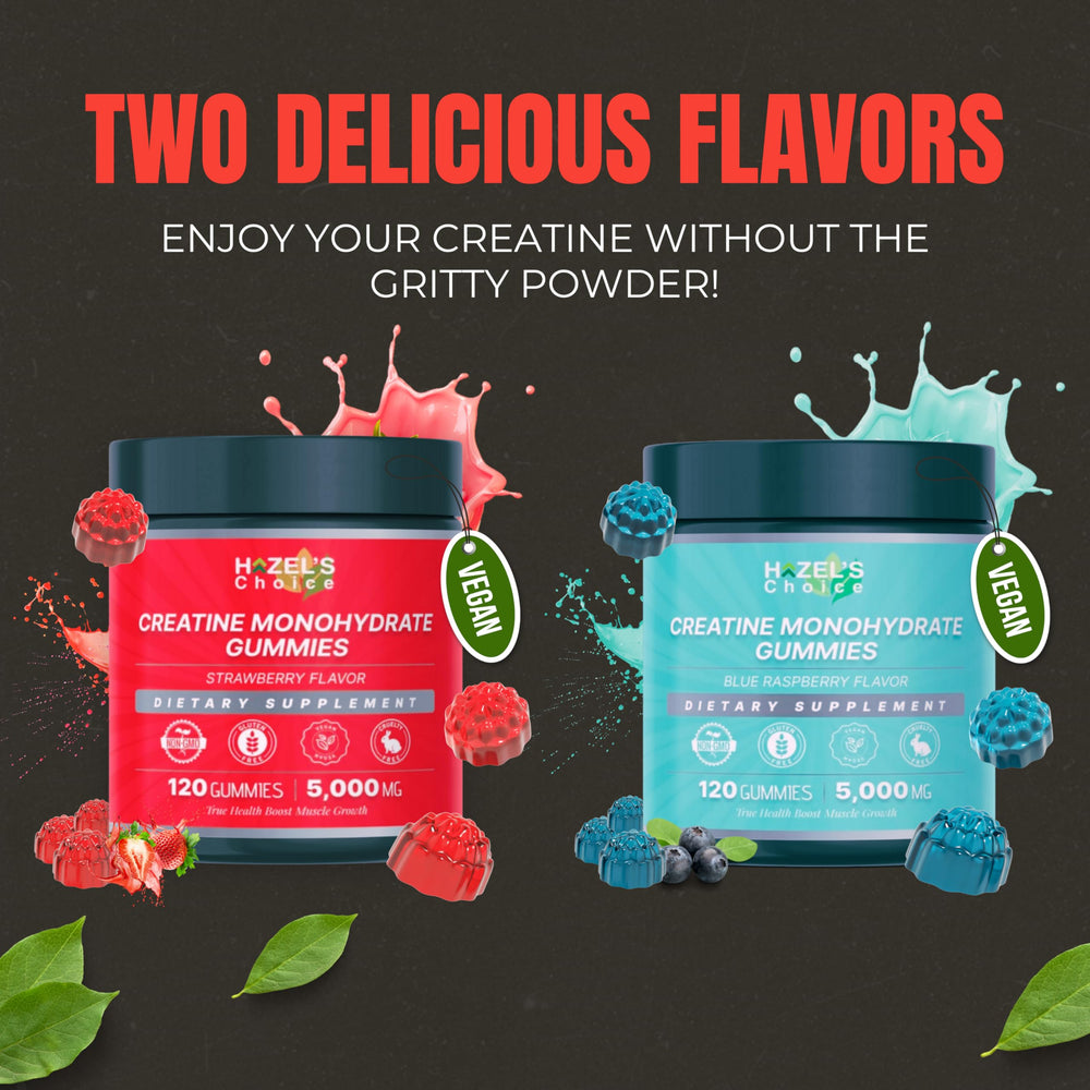 HAZEL'S Choice Creatine Gummies ingredients label highlighting vegan, gluten-free formula