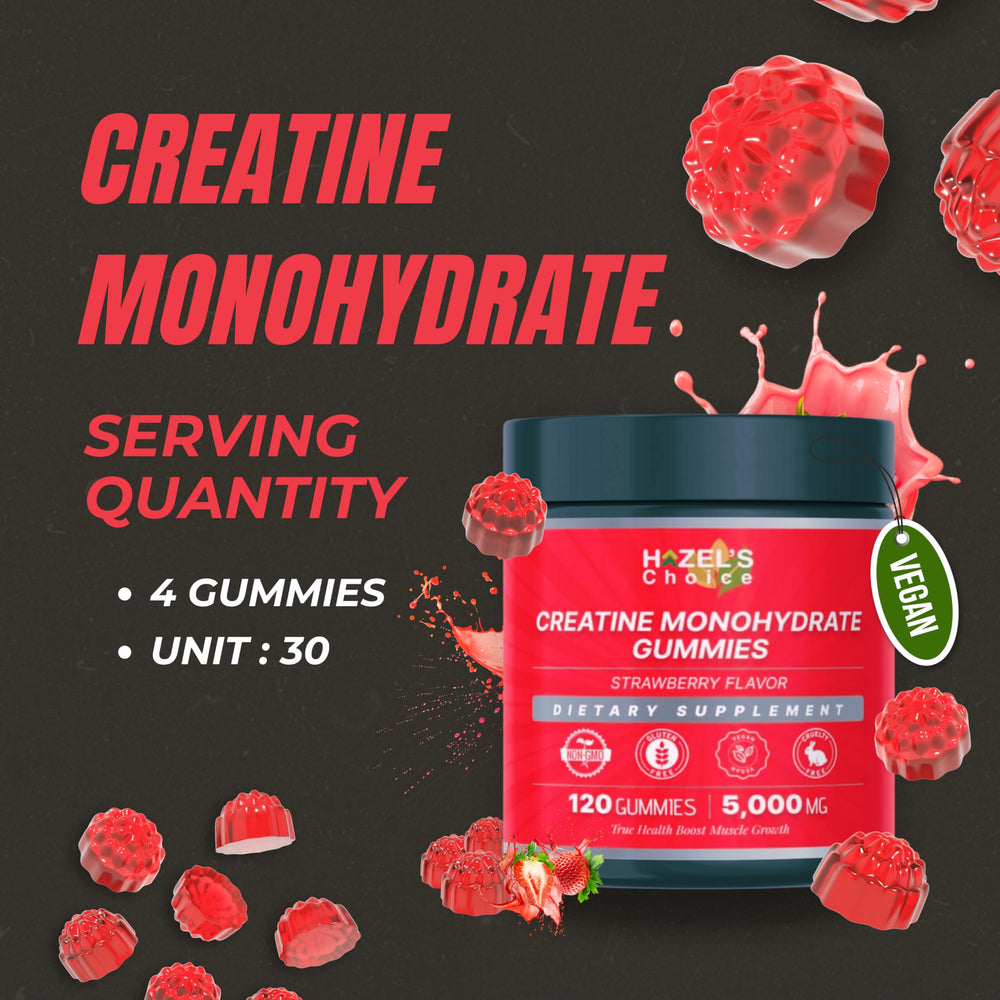 HAZEL'S Choice Creatine Gummies being poured from a bottle for easy use